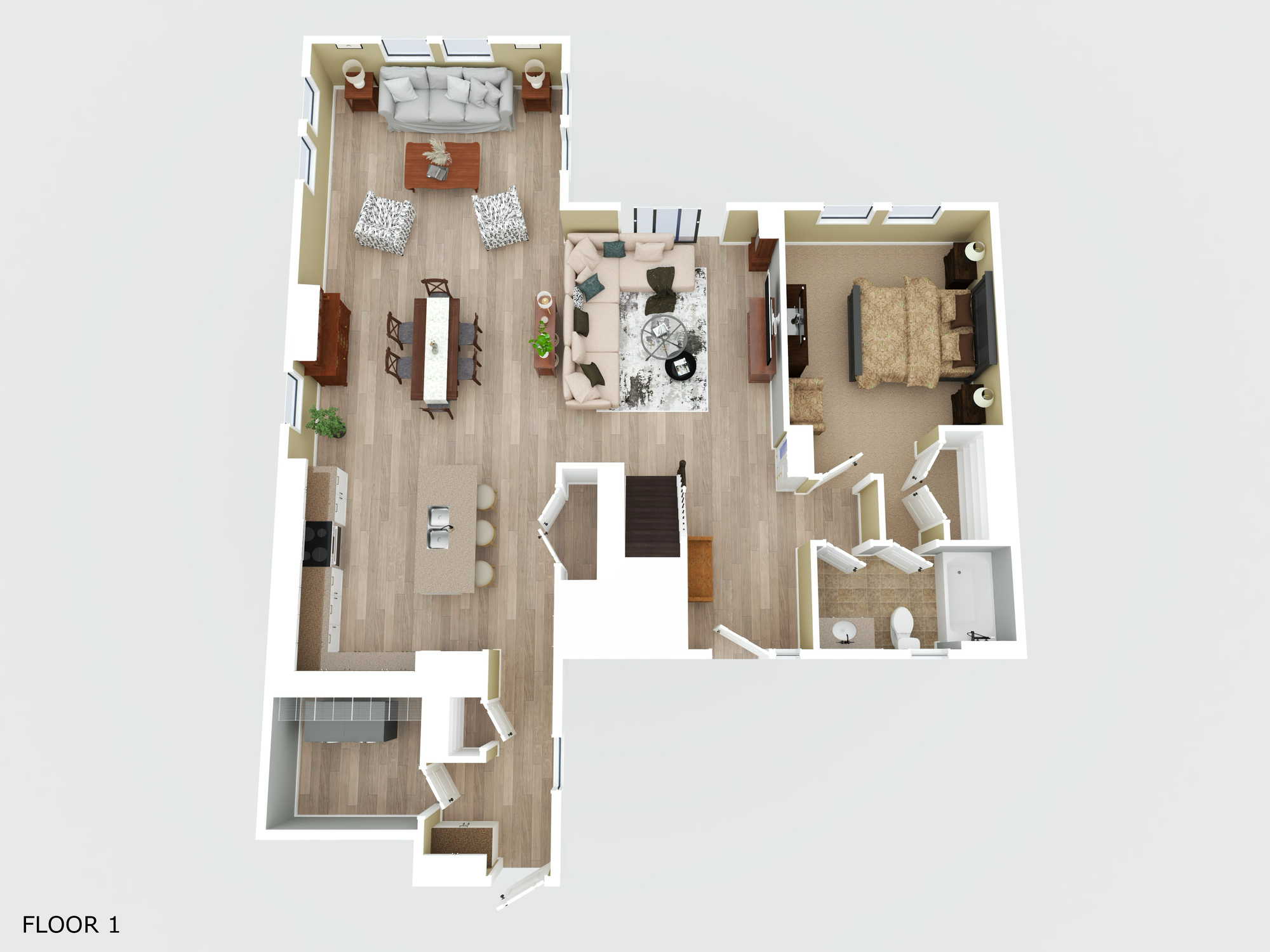 colored three dimensional floorplan first floor
